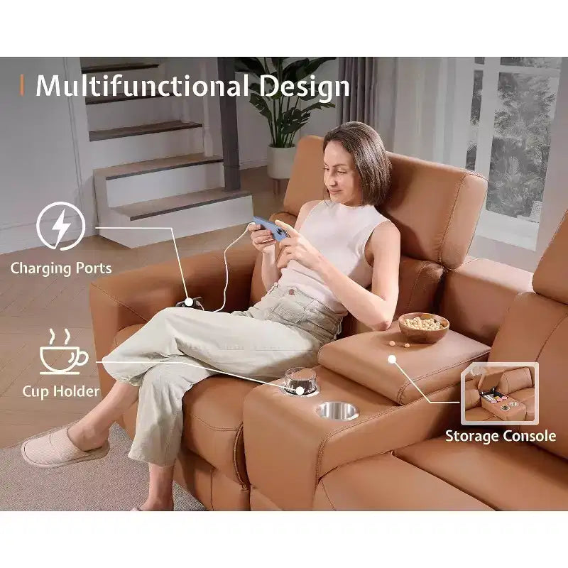 Canapé inclinable électrique AMERLIFE avec console, deux fauteuils inclinables électriques, canapé d'angle en cuir pour salon, marron