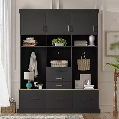 75H Entryway Hall Tree With Storage Bench, Freestanding Coat Rack with 6 Drawers & 3 Cabinets, Wooden Entryway Bench for Living Room Mudroom