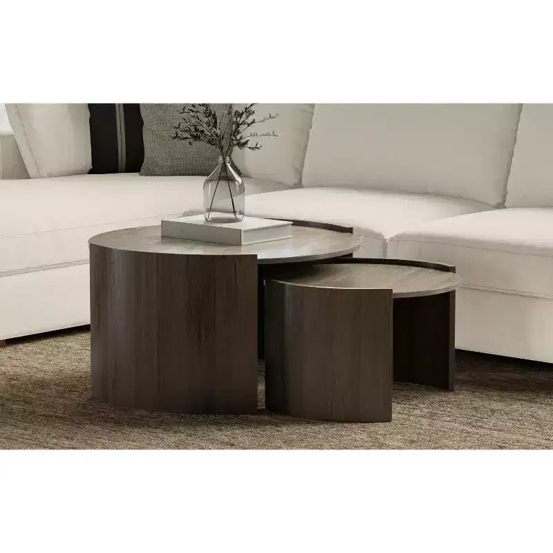 Table gigogne contemporaine ronde 2 pièces en bois de manguier massif Darah de 81 cm de large, entièrement assemblée