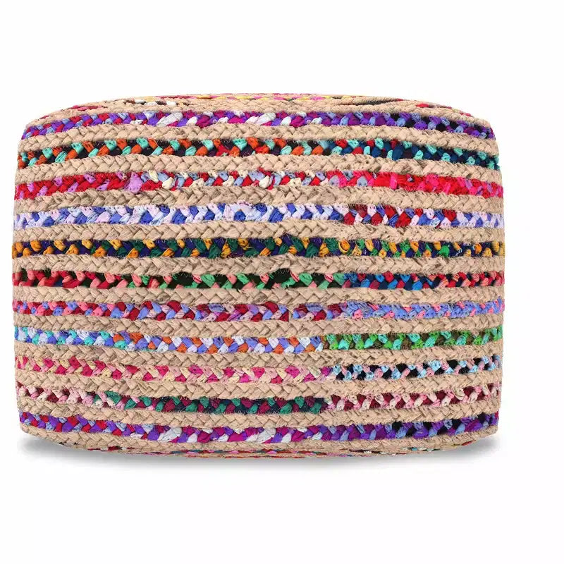 Pouf bohème Matisse de 20 pouces de large en jute naturelle/coton Chindi multicolore, assemblé