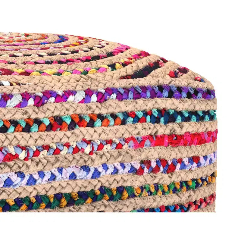 Pouf bohème Matisse de 20 pouces de large en jute naturelle/coton Chindi multicolore, assemblé