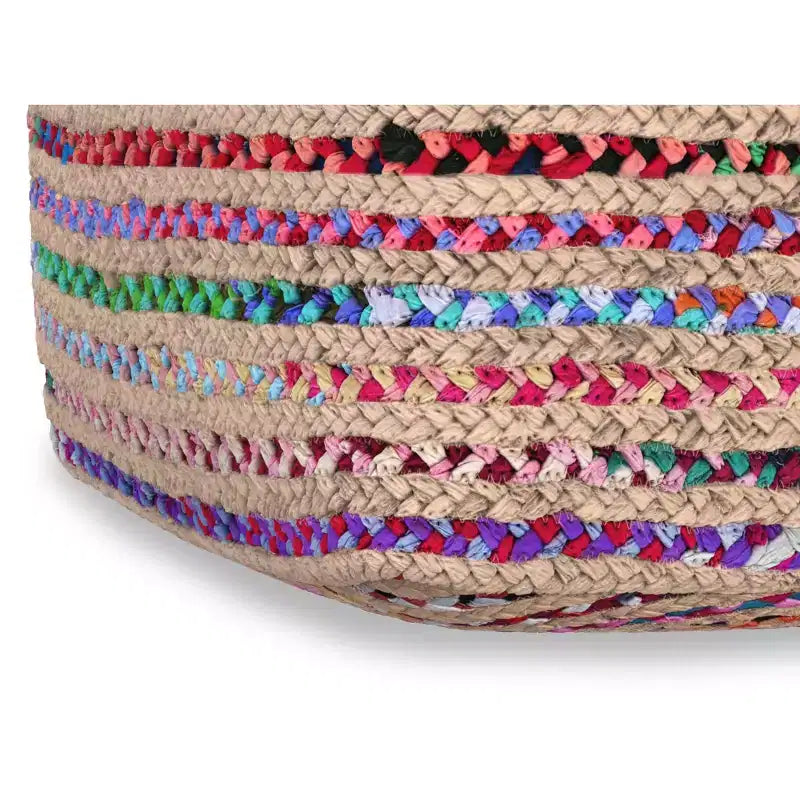 Pouf bohème Matisse de 20 pouces de large en jute naturelle/coton Chindi multicolore, assemblé