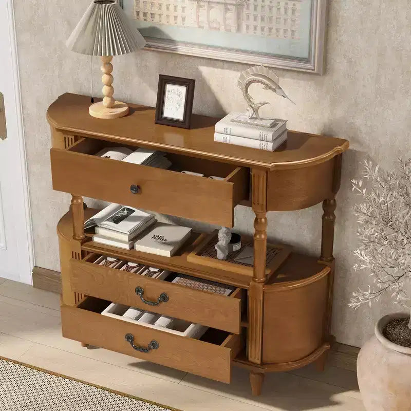 JVNOXK Table console vintage en bois courbé de 109 cm avec 3 tiroirs, table d'entrée avec étagère de rangement, convient pour le salon, marron