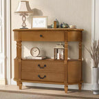 JVNOXK Table console vintage en bois courbé de 109 cm avec 3 tiroirs, table d'entrée avec étagère de rangement, convient pour le salon, marron