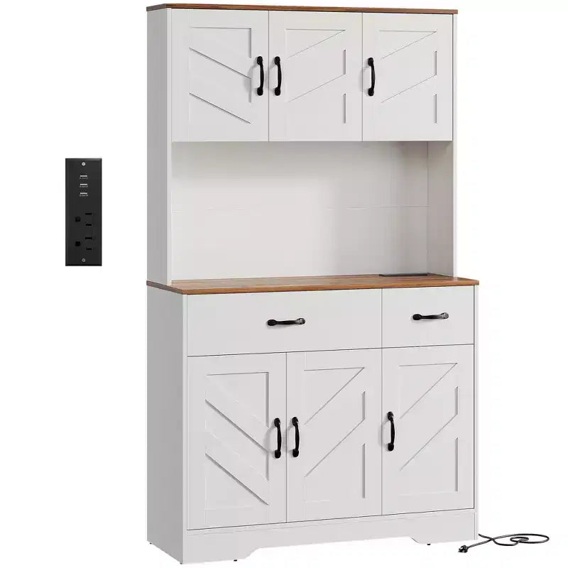 Meuble de rangement avec station de charge, Armoire de cuisine de 180 cm, Vaisselier de cuisine de style campagnard avec tiroirs, Étagères réglables pour salle à manger