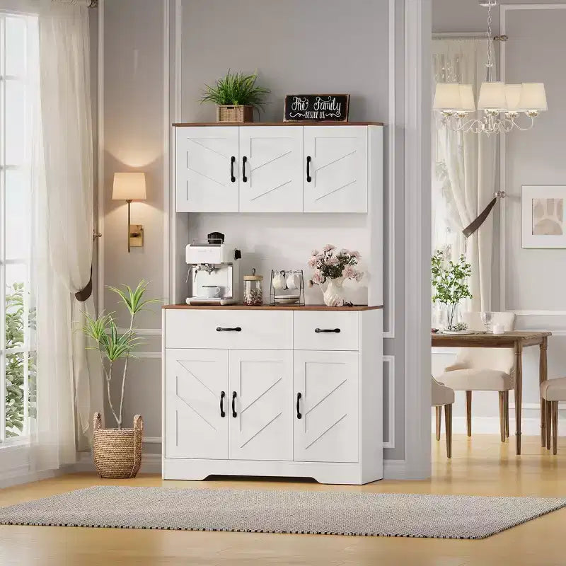 Meuble de rangement avec station de charge, Armoire de cuisine de 180 cm, Vaisselier de cuisine de style campagnard avec tiroirs, Étagères réglables pour salle à manger