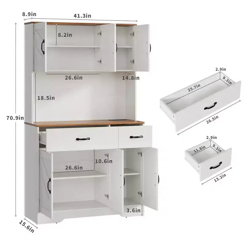 Meuble de rangement avec station de charge, Armoire de cuisine de 180 cm, Vaisselier de cuisine de style campagnard avec tiroirs, Étagères réglables pour salle à manger