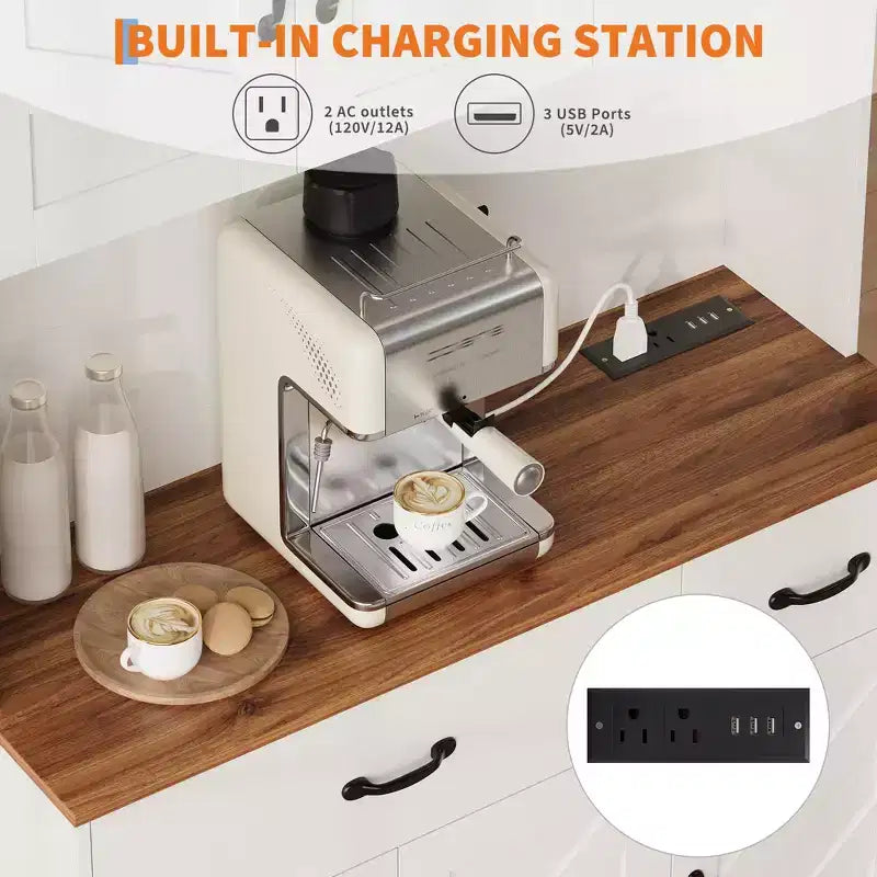 Meuble de rangement avec station de charge, Armoire de cuisine de 180 cm, Vaisselier de cuisine de style campagnard avec tiroirs, Étagères réglables pour salle à manger