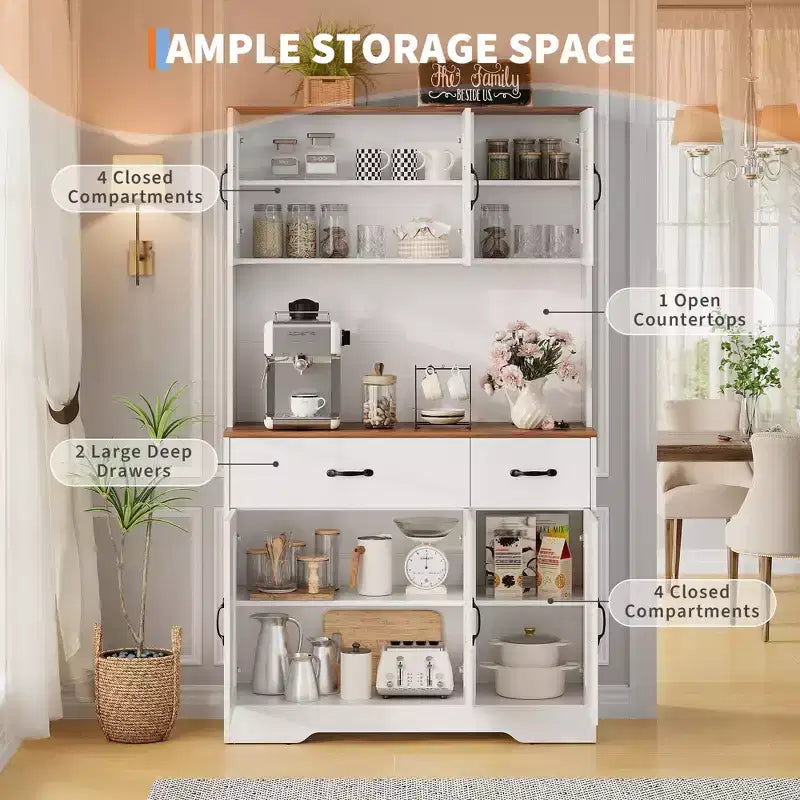 Meuble de rangement avec station de charge, Armoire de cuisine de 180 cm, Vaisselier de cuisine de style campagnard avec tiroirs, Étagères réglables pour salle à manger