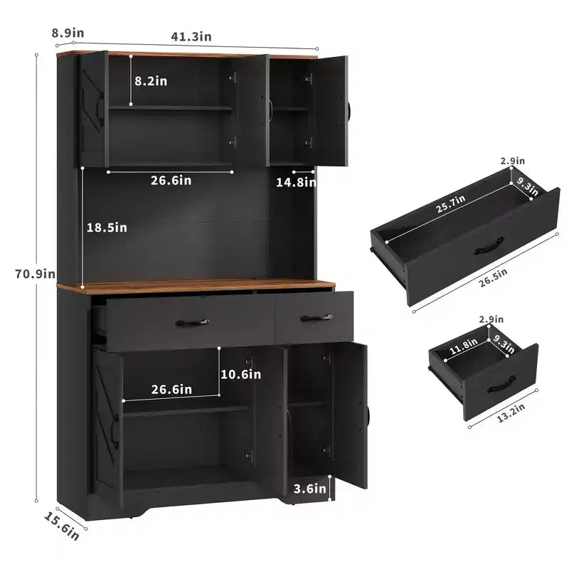 Meuble de rangement avec station de charge, Armoire de cuisine de 180 cm, Vaisselier de cuisine de style campagnard avec tiroirs, Étagères réglables pour salle à manger