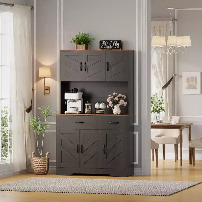 Meuble de rangement avec station de charge, Armoire de cuisine de 180 cm, Vaisselier de cuisine de style campagnard avec tiroirs, Étagères réglables pour salle à manger