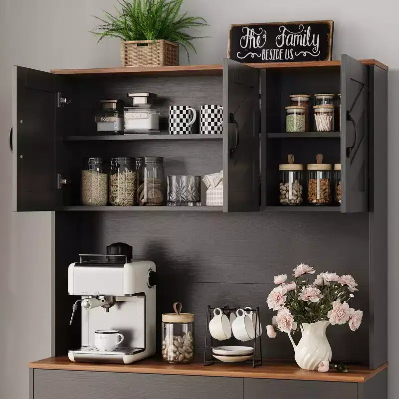 Meuble de rangement avec station de charge, Armoire de cuisine de 180 cm, Vaisselier de cuisine de style campagnard avec tiroirs, Étagères réglables pour salle à manger