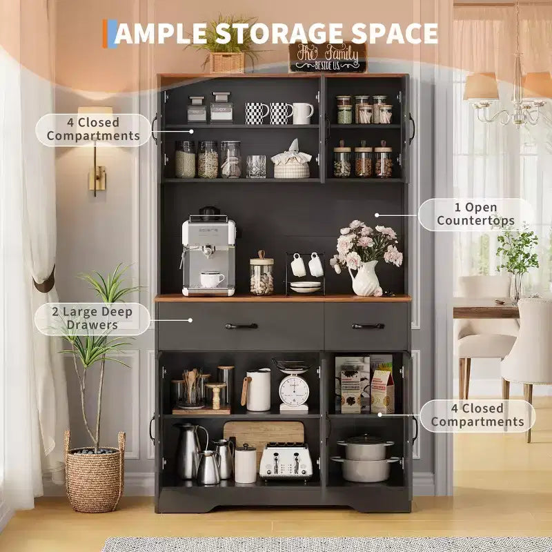 Meuble de rangement avec station de charge, Armoire de cuisine de 180 cm, Vaisselier de cuisine de style campagnard avec tiroirs, Étagères réglables pour salle à manger