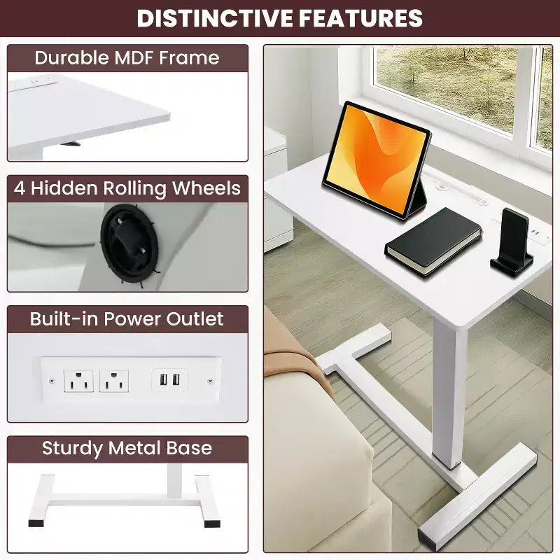 Home Imports Emporium Table de lit réglable avec roulettes, support robuste pour ordinateur portable avec chargement USB et Type-C, porte-gobelet