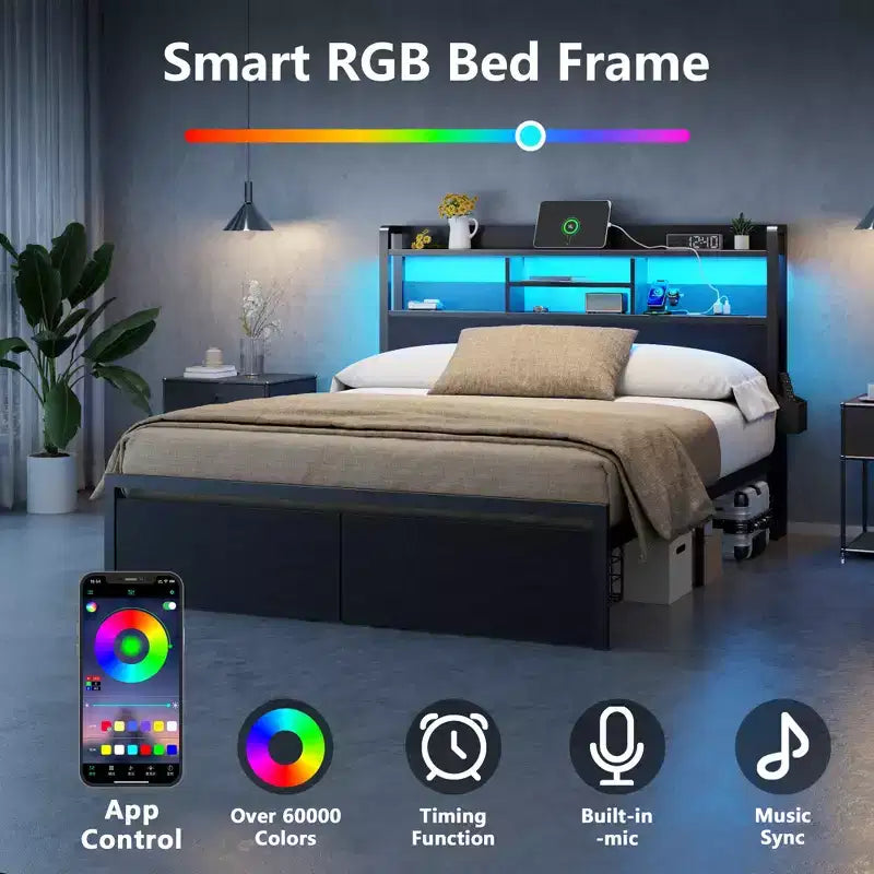 Cadre de lit plateforme pleine grandeur avec tiroirs de rangement, tête de lit avec étagère, lumières LED, station de chargement, métal noir industriel, aucun sommier tapissier requis, pour adolescent