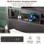 Cadre de lit plateforme pleine grandeur avec tiroirs de rangement, tête de lit avec étagère, lumières LED, station de chargement, métal noir industriel, aucun sommier tapissier requis, pour adolescent
