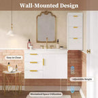 Meuble-lavabo mural de 30 pouces avec lavabo en céramique, tiroirs et portes à fermeture douce; Meuble-lavabo moderne