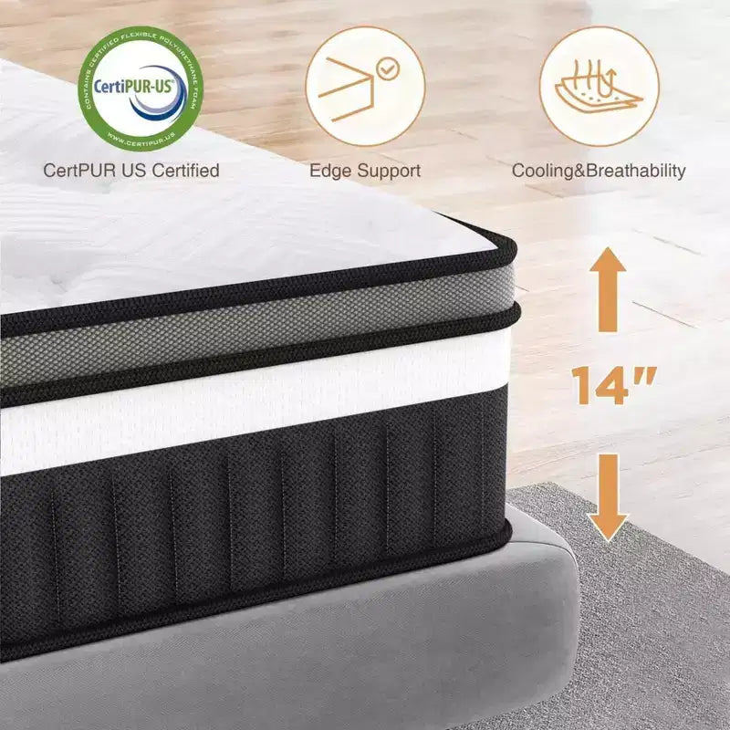 Liquidation matelas King - Matelas hybride 14 pouces en boîte, ressorts ensachés, fermeté moyenne, isolation des mouvements, certifié CertiPUR-US, sans fibre de verre