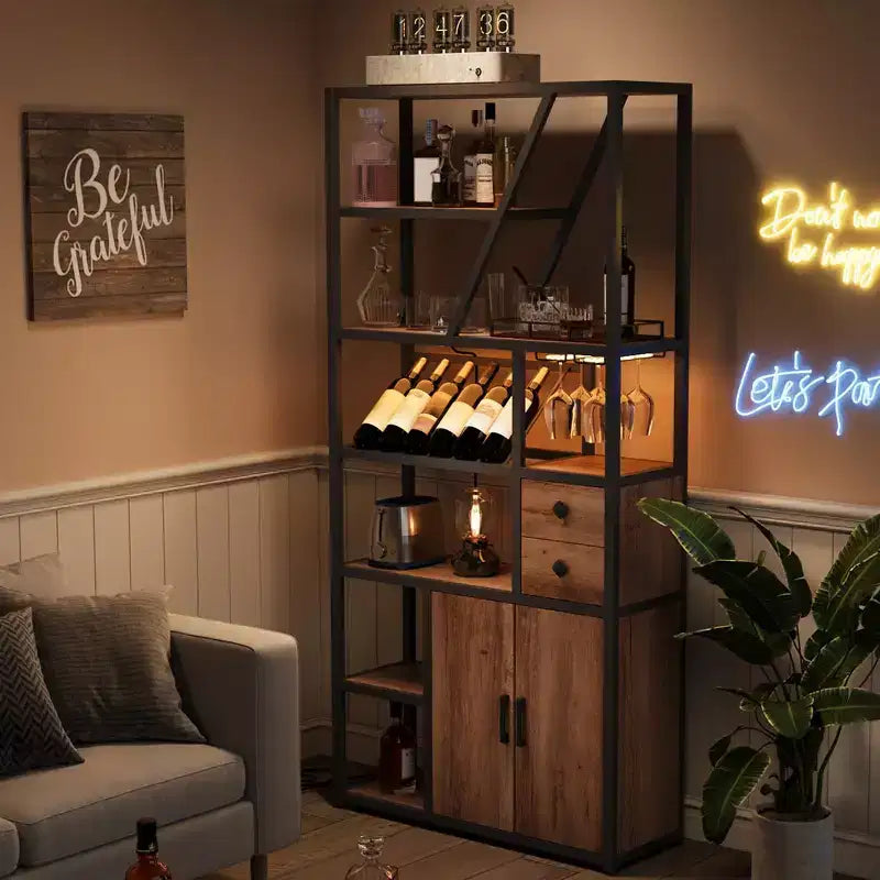 Meuble de Bar Multifonctionnel avec Porte-Verres, Étagère de Rangement Haute et Support pour Micro-Ondes de Cuisine pour Utilisation dans le Salon, la Salle à Manger ou la Cuisine