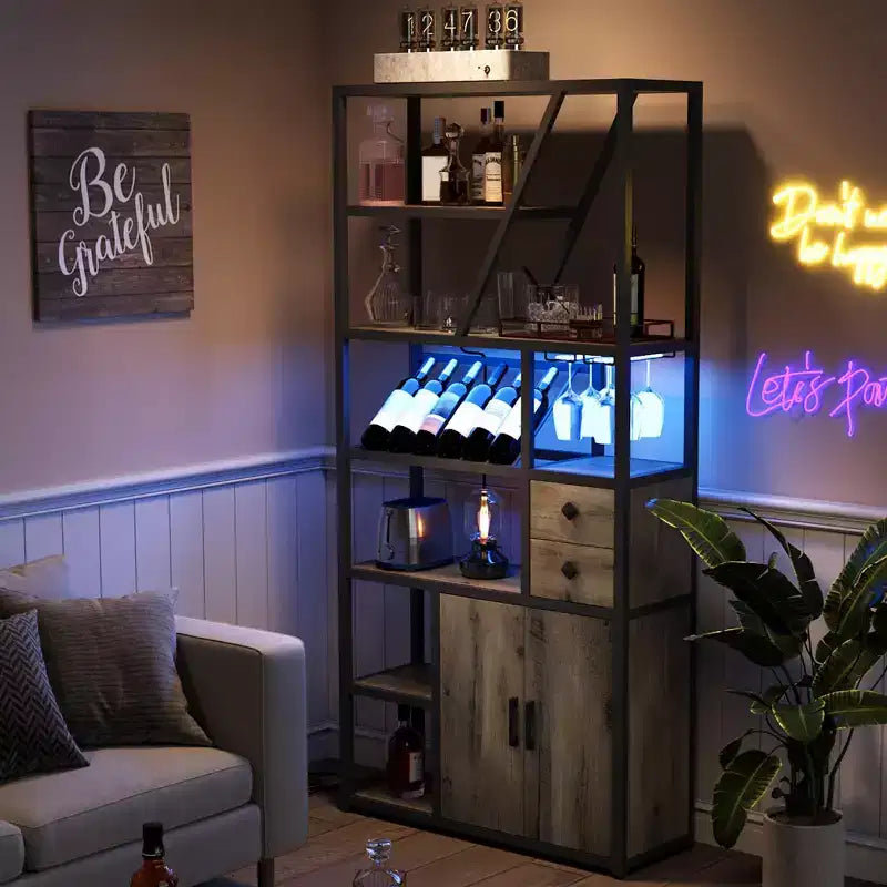 Meuble de Bar Multifonctionnel avec Porte-Verres, Étagère de Rangement Haute et Support pour Micro-Ondes de Cuisine pour Utilisation dans le Salon, la Salle à Manger ou la Cuisine