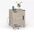 Table de chevet rustique avec station de charge, Table de nuit en bois de 45 cm avec porte coulissante, Étagère réglable et rangement à deux niveaux