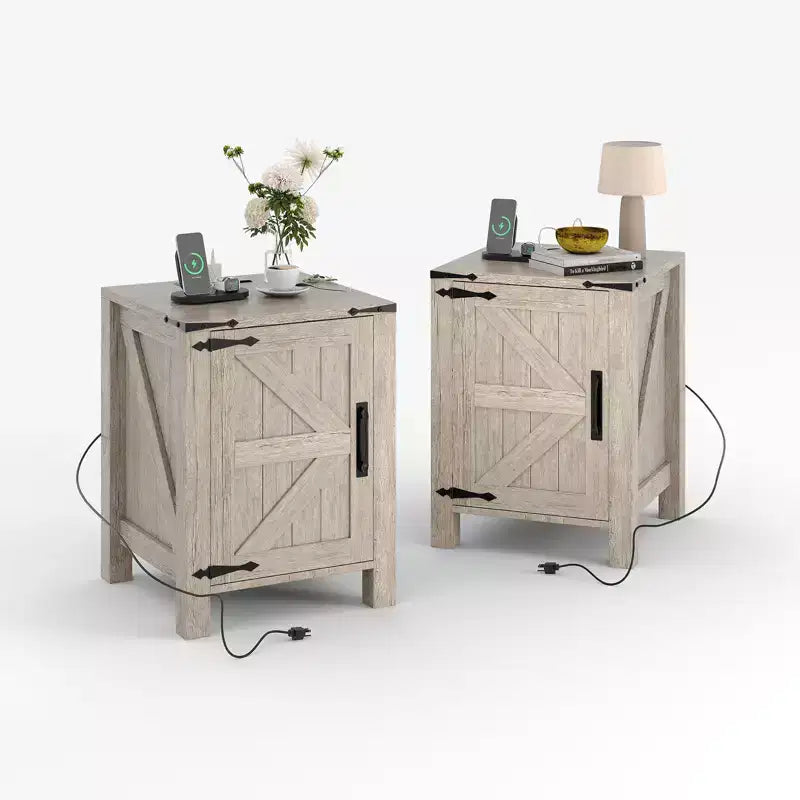 Table de chevet rustique avec station de charge, Table de nuit en bois de 45 cm avec porte coulissante, Étagère réglable et rangement à deux niveaux