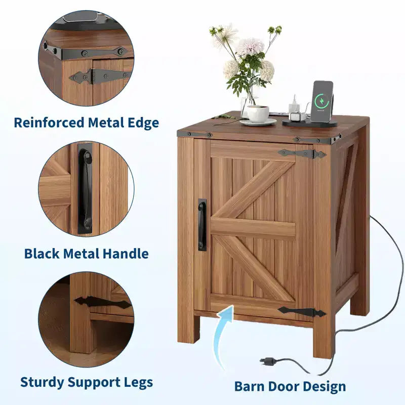 Table de chevet rustique avec station de charge, Table de nuit en bois de 45 cm avec porte coulissante, Étagère réglable et rangement à deux niveaux