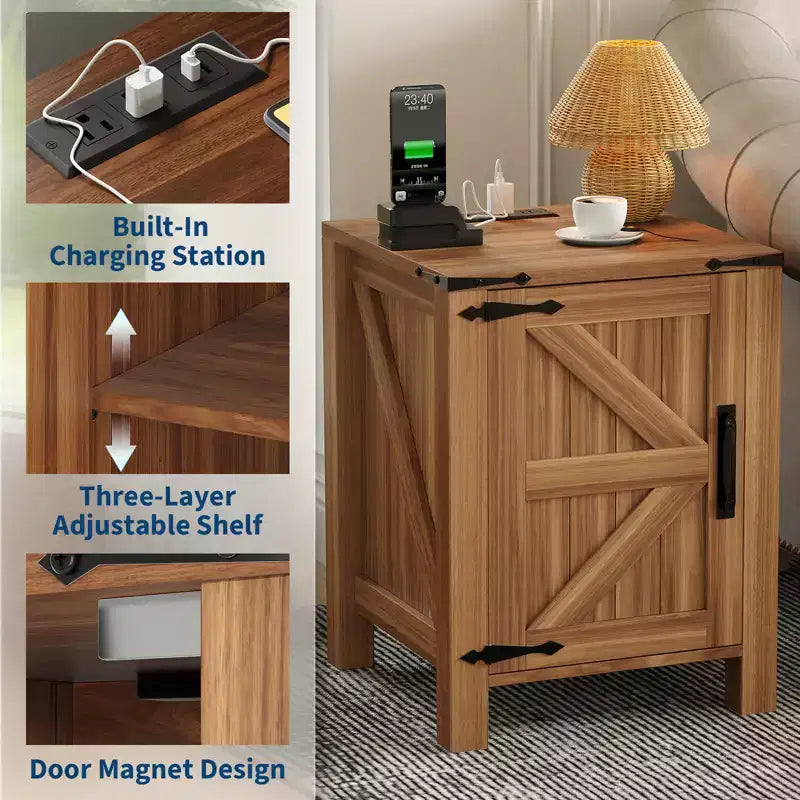 Table de chevet rustique avec station de charge, Table de nuit en bois de 45 cm avec porte coulissante, Étagère réglable et rangement à deux niveaux