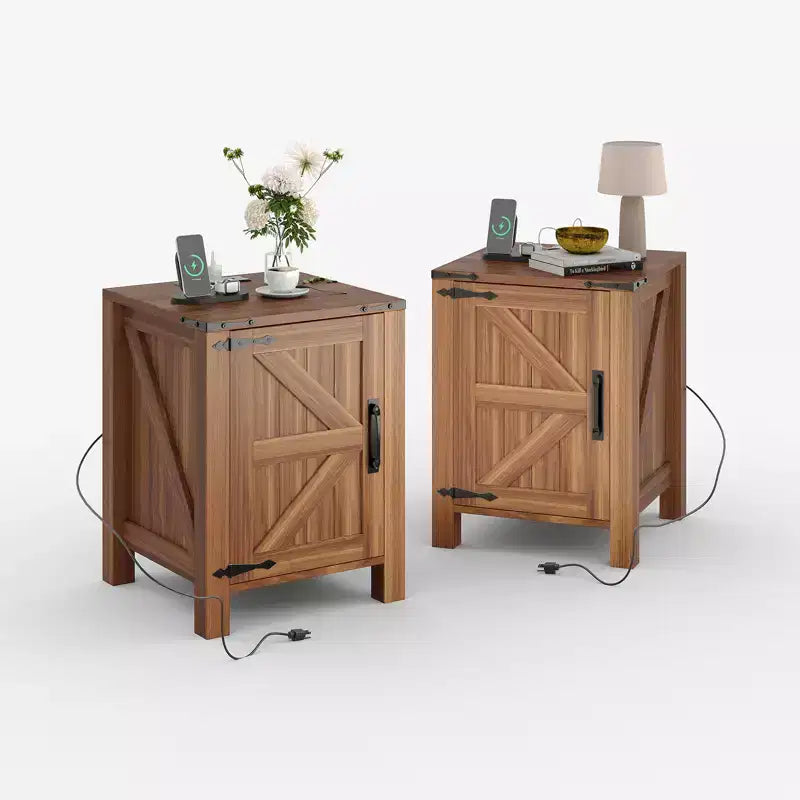 Table de chevet rustique avec station de charge, Table de nuit en bois de 45 cm avec porte coulissante, Étagère réglable et rangement à deux niveaux