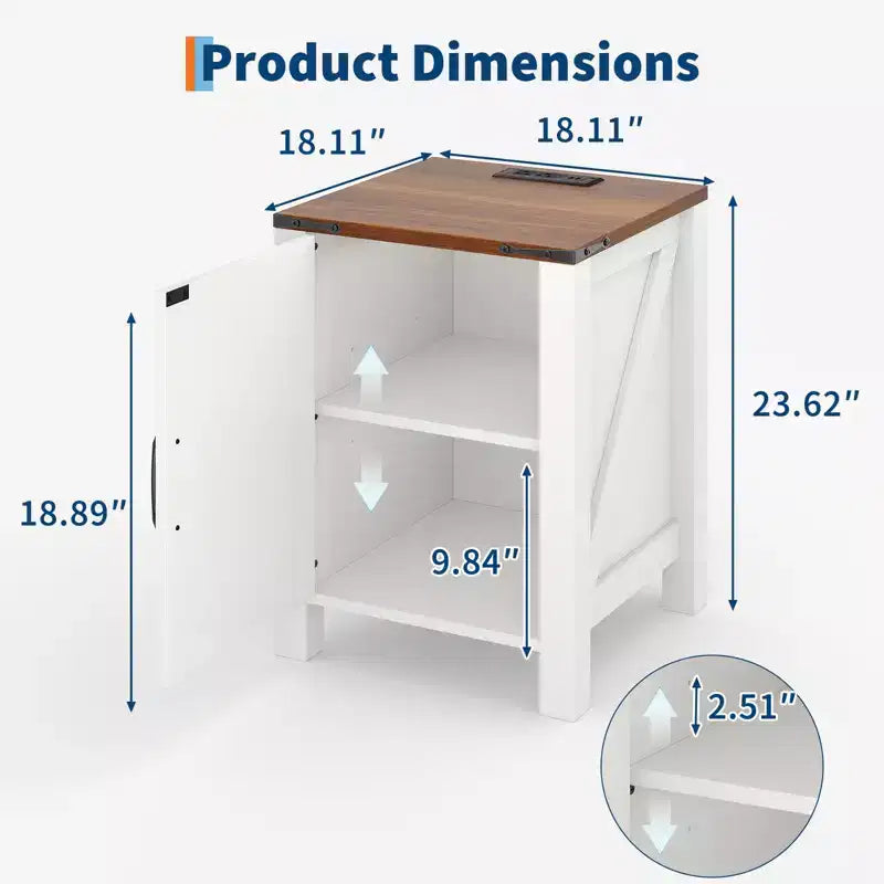 Table de chevet rustique avec station de charge, Table de nuit en bois de 45 cm avec porte coulissante, Étagère réglable et rangement à deux niveaux