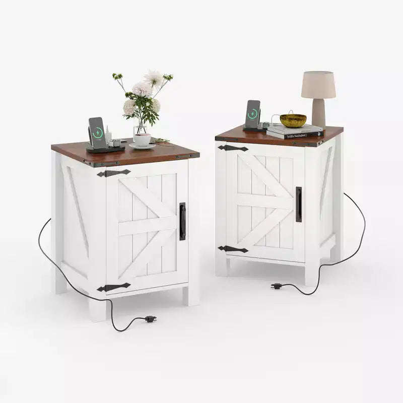 Table de chevet rustique avec station de charge, Table de nuit en bois de 45 cm avec porte coulissante, Étagère réglable et rangement à deux niveaux