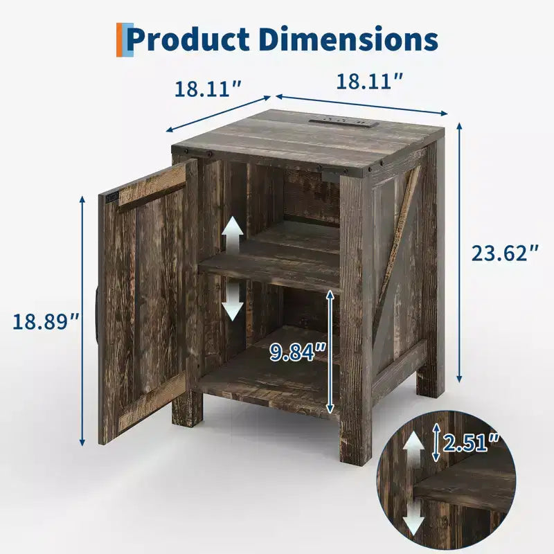 Table de chevet rustique avec station de charge, Table de nuit en bois de 45 cm avec porte coulissante, Étagère réglable et rangement à deux niveaux