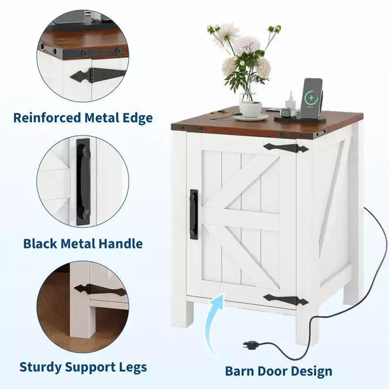 Table de chevet rustique avec station de charge, Table de nuit en bois de 45 cm avec porte coulissante, Étagère réglable et rangement à deux niveaux