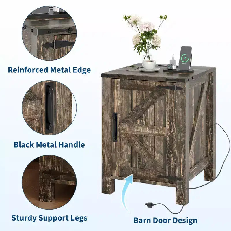 Table de chevet rustique avec station de charge, Table de nuit en bois de 45 cm avec porte coulissante, Étagère réglable et rangement à deux niveaux