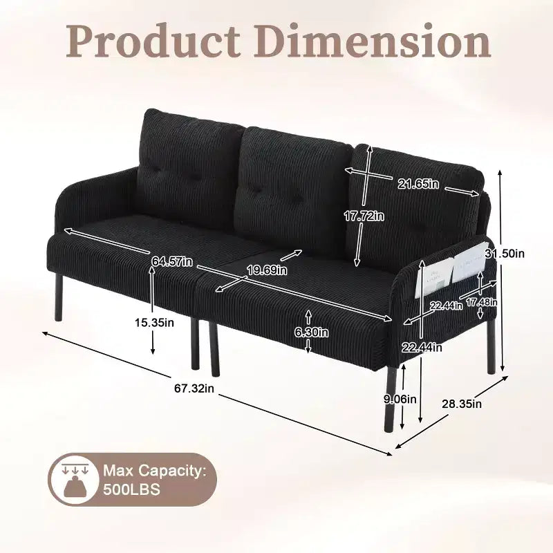 Causeuse moderne surdimensionnée, Canapé 2 places en velours côtelé avec pieds en métal et poches latérales pour salon, chambre, dortoir ou appartement - Panipeachy