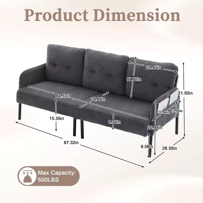 Causeuse moderne surdimensionnée, Canapé 2 places en velours côtelé avec pieds en métal et poches latérales pour salon, chambre, dortoir ou appartement - Panipeachy