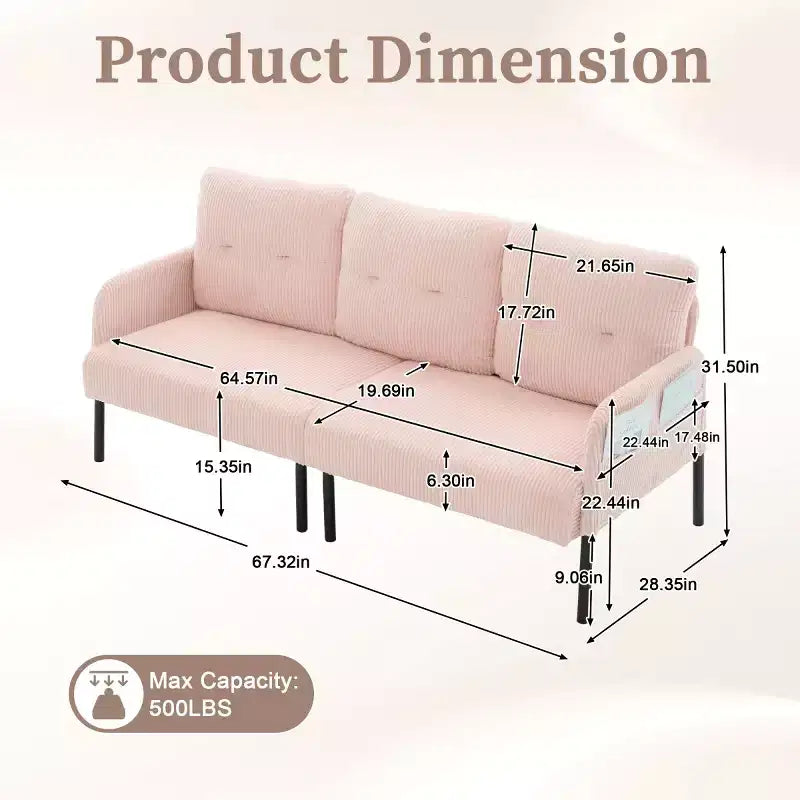 Causeuse moderne surdimensionnée, Canapé 2 places en velours côtelé avec pieds en métal et poches latérales pour salon, chambre, dortoir ou appartement - Panipeachy