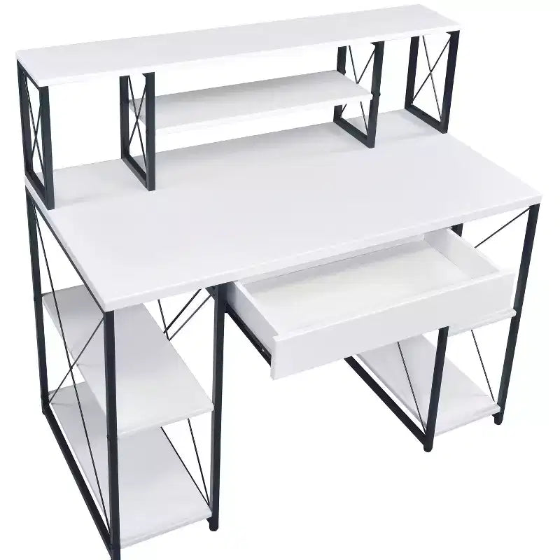 TUYOHW Bureau d'ordinateur de bureau avec rangement, tiroir, 8 compartiments, piètement luge en métal, plateau en bois, bureau d'écriture pour bureau à domicile