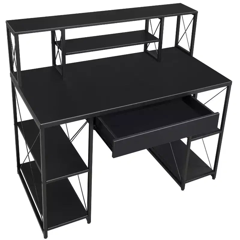 TUYOHW Bureau d'ordinateur de bureau avec rangement, tiroir, 8 compartiments, piètement luge en métal, plateau en bois, bureau d'écriture pour bureau à domicile