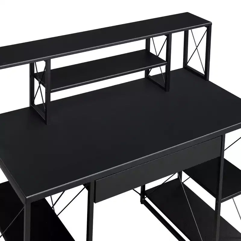TUYOHW Bureau d'ordinateur de bureau avec rangement, tiroir, 8 compartiments, piètement luge en métal, plateau en bois, bureau d'écriture pour bureau à domicile