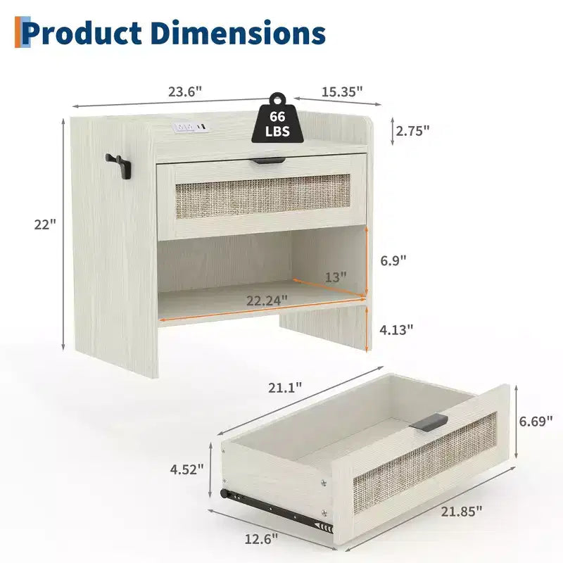 Table de chevet en rotin, lot de 1, table d'appoint, table de chevet moderne avec 2 tiroirs de rangement, convient pour chambre, bureau ou salon.