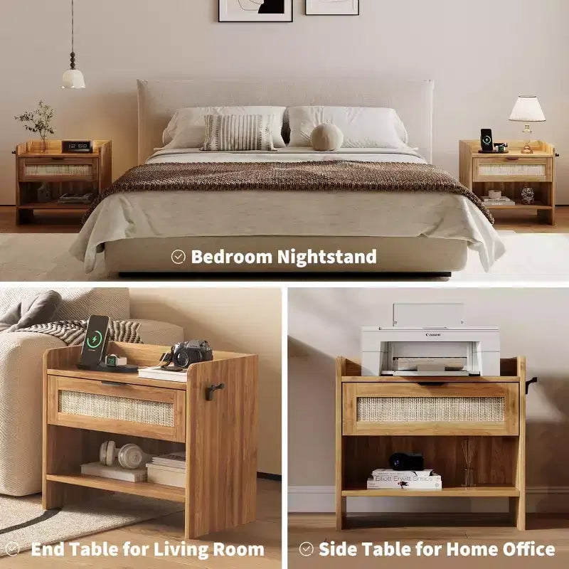 Table de chevet en rotin, lot de 1, table d'appoint, table de chevet moderne avec 2 tiroirs de rangement, convient pour chambre, bureau ou salon.
