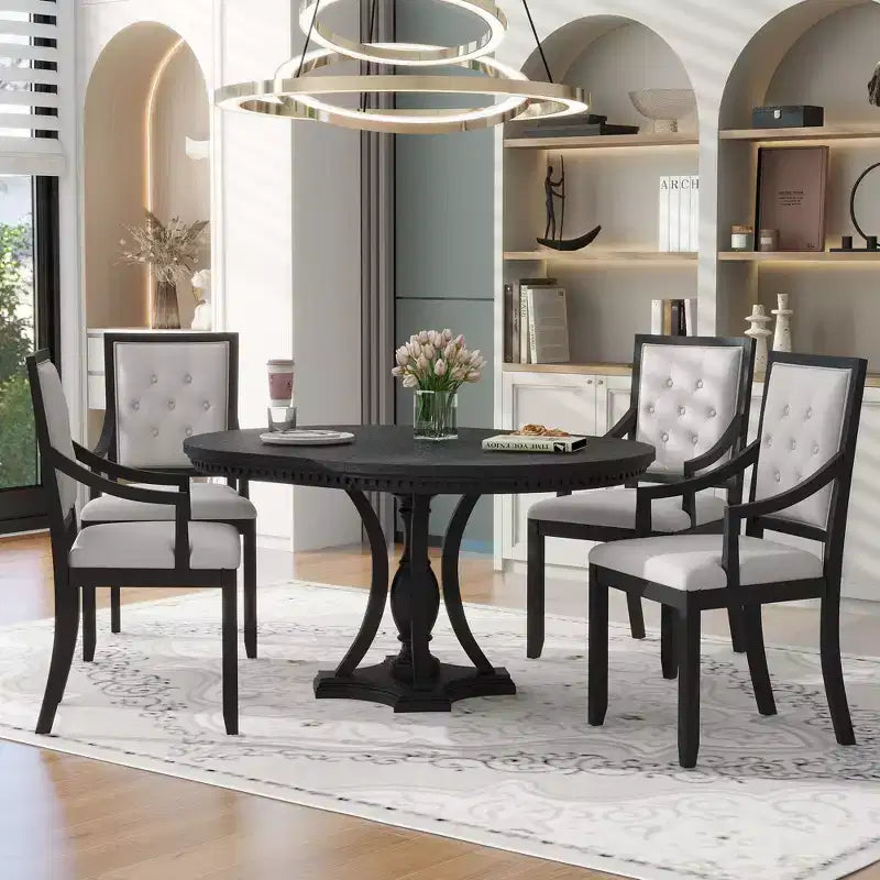 Farmhouse Round Dining Set for 4, Wood Kitchen Extendable Dining Table Set with 4 Upholstered Chairs