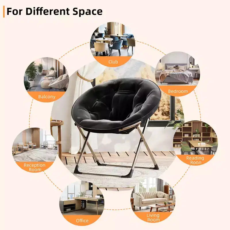 Fauteuil soucoupe géant en peluche pour chambre ou dortoir – Chaise longue d'appoint pliable avec cadre métallique robuste, assise ultra confortable, Noir et or