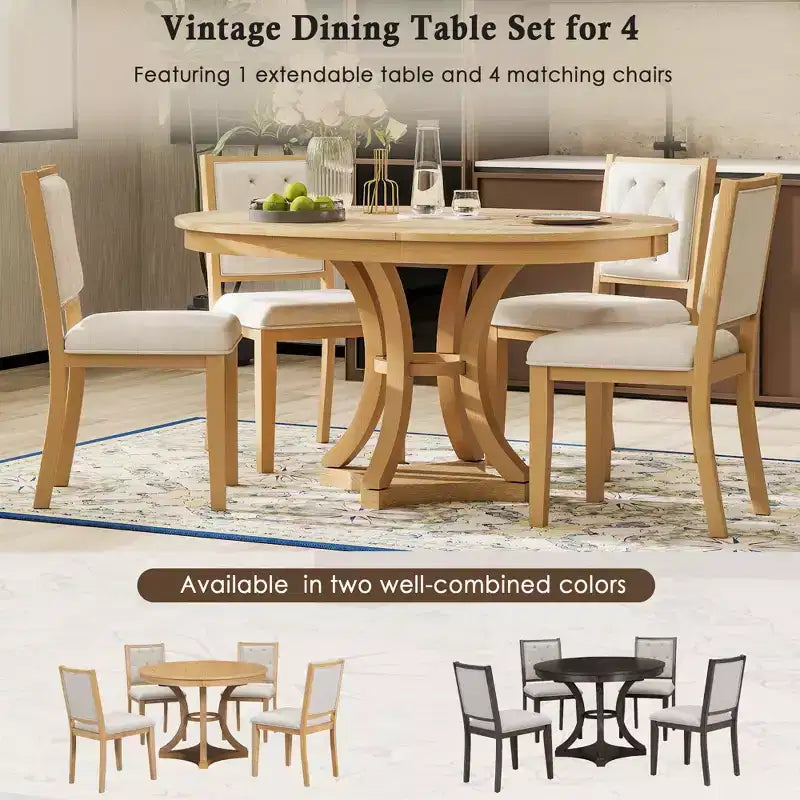 Ensemble de salle à manger rond extensible pour 4 personnes, ensemble de salle à manger rétro fonctionnel en bois 5 pièces avec 4 chaises rembourrées pour la cuisine