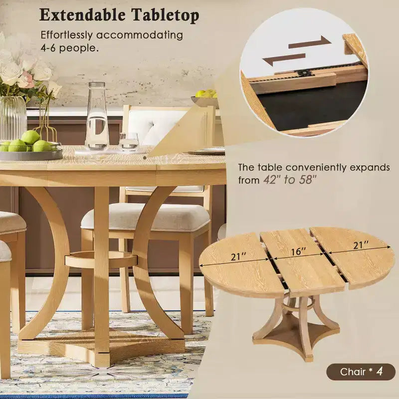 Ensemble de salle à manger rond extensible pour 4 personnes, ensemble de salle à manger rétro fonctionnel en bois 5 pièces avec 4 chaises rembourrées pour la cuisine