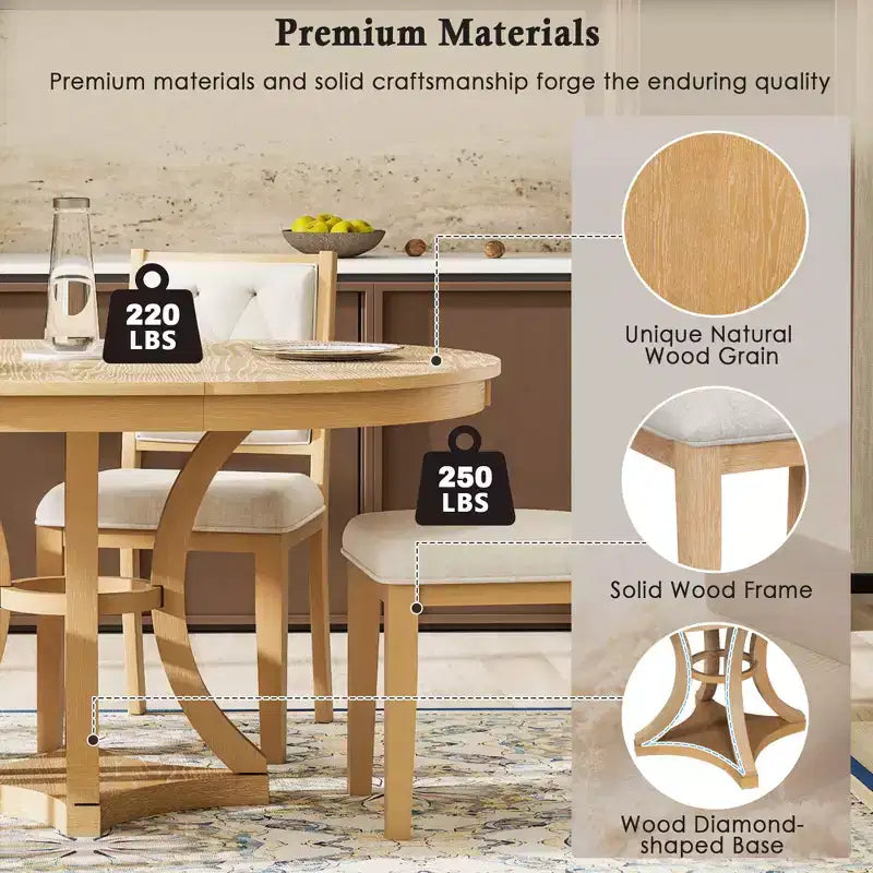 Ensemble de salle à manger rond extensible pour 4 personnes, ensemble de salle à manger rétro fonctionnel en bois 5 pièces avec 4 chaises rembourrées pour la cuisine