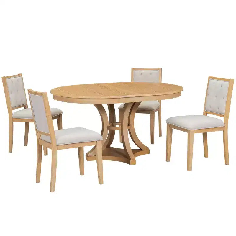 Ensemble de salle à manger rond extensible pour 4 personnes, ensemble de salle à manger rétro fonctionnel en bois 5 pièces avec 4 chaises rembourrées pour la cuisine