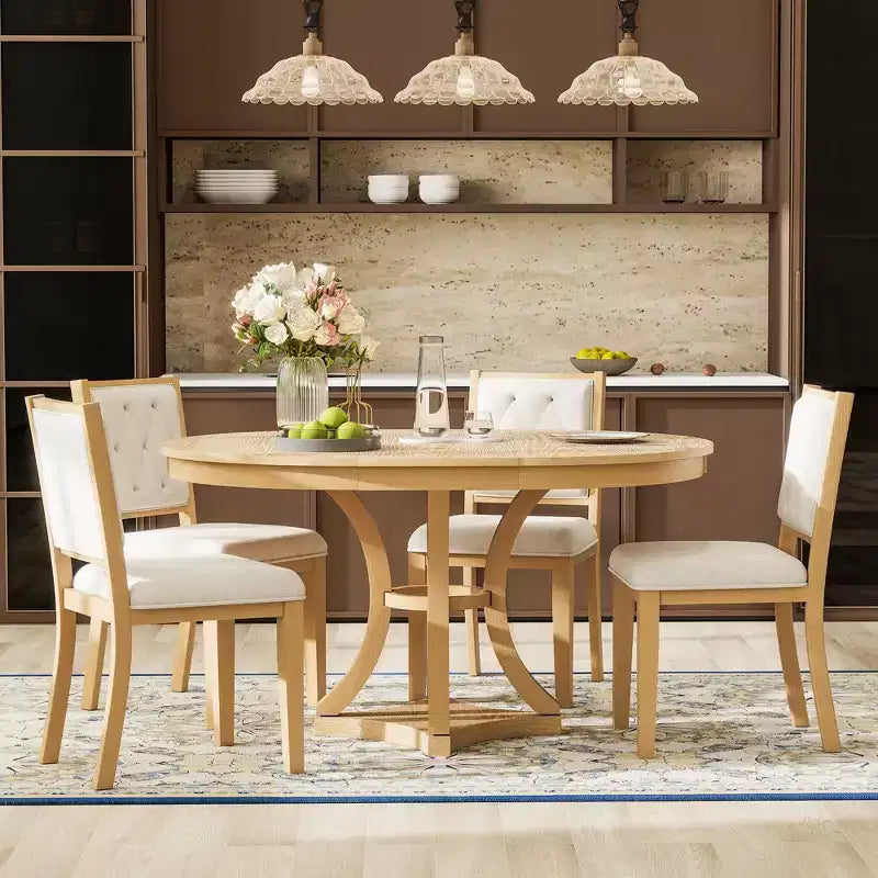 Ensemble de salle à manger rond extensible pour 4 personnes, ensemble de salle à manger rétro fonctionnel en bois 5 pièces avec 4 chaises rembourrées pour la cuisine