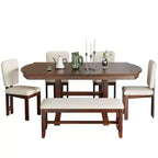 Ensemble table à manger extensible en bois avec banc, ensemble de table de cuisine 6 pièces avec rallonge amovible et 4 chaises de salle à manger rembourrées, beige, expresso